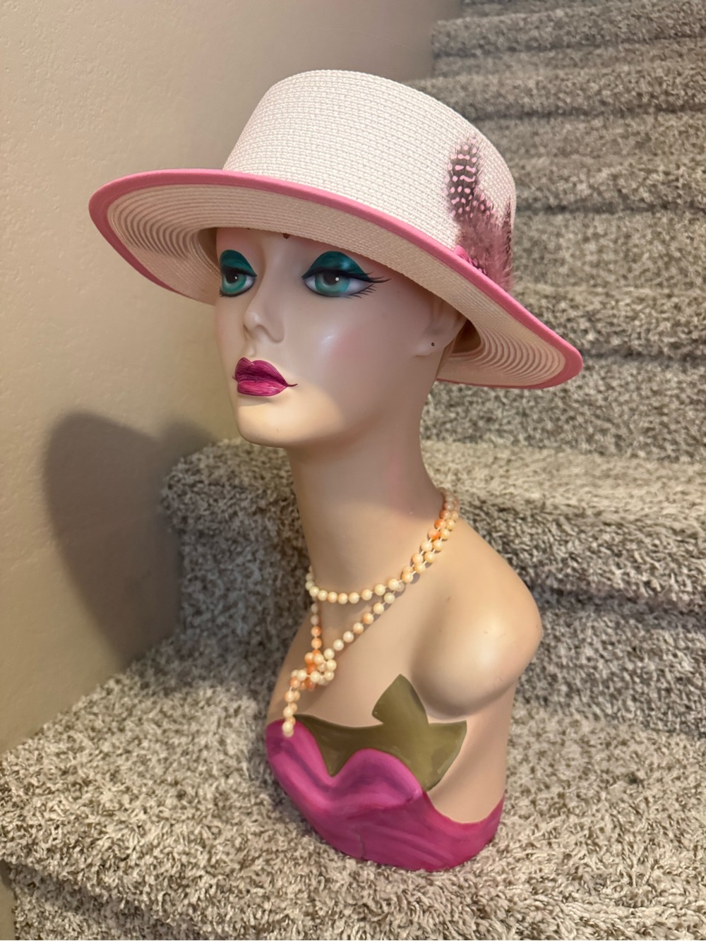 Classic Pink-Trim Straw Cloche Hat cabaret